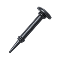 Single black pushpin is isolated transparency background, showcasing its sharp point and round head. image highlights simplicity and utility of pushpin, often used for securing papers or notes png
