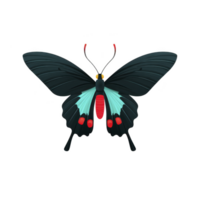 Vibrant butterfly with striking black wings, accented by bright red and turquoise markings, is depicted in symmetrical, artistic style. butterfly antennae and body add to its elegant appearance png