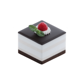 Square layered dessert with chocolate glaze, topped with raspberry and mint leaves, sits elegantly on transparency background. dessert layers create visually appealing contrast png