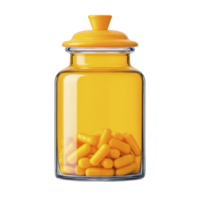 Clear glass jar with yellow lid is filled with bright yellow capsules, creating vibrant and eye catching display. jar simple design highlights colorful contents png