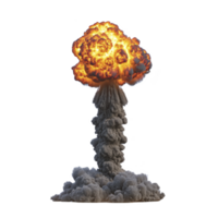 Powerful explosion with fiery mushroom cloud rises dramatically against clear background, showcasing intense flames and billowing smoke png
