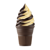 Creamy vanilla and rich chocolate soft serve ice cream swirl in chocolate cone, creating delightful treat. smooth texture and contrasting flavors offer perfect indulgence png