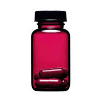 Clear glass bottle containing red capsules is displayed against transparency background, highlighting vibrant color of pills. bottle is sealed with black cap, suggesting it is unopened png
