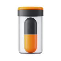 Transparent container with orange and black capsule inside, featuring matching orange lid, is displayed against transparency background. design is modern and minimalistic png