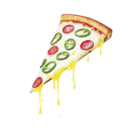 Slice of pizza with melted cheese, pepperoni, and jalapeno slices dripping with cheese. vibrant toppings create mouthwatering and spicy appearance png