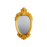 Ornate oval mirror with intricate gold frame, featuring elaborate scrollwork and floral motifs, exudes elegance and luxury. reflective surface is clear and polished png