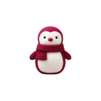 Cute knitted penguin toy wearing red scarf stands against transparency background, showcasing its charming design and soft texture. Perfect for children play or as decorative piece png