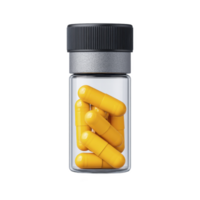 Small transparent glass bottle with black cap contains several bright yellow capsules. capsules are neatly arranged, showcasing their vibrant color and smooth texture png