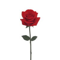 Single red rose with long green stem and leaves, symbolizing love and passion, isolated on transparency background. vibrant color and elegant form create striking visual png