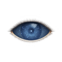 Surreal image of eye with galaxy inside iris, symbolizing imagination and cosmic vision. eyelashes are detailed, enhancing mystical and dreamlike quality of artwork png