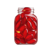 Clear jar filled with vibrant red capsules, showcasing glossy finish, is displayed against plain background. capsules are neatly arranged, highlighting their smooth texture and rich color png