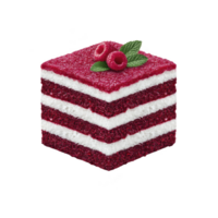 Slice of vibrant red velvet cake with creamy white layers is topped with fresh raspberries and mint leaves, creating visually appealing and delicious dessert png