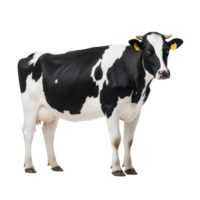 Black and white Holstein cow stands facing forward, showcasing its distinctive markings and yellow ear tags. cow calm demeanor is evident in its relaxed posture png