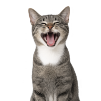 Yawning tabby cat with white chest and expressive face sits against plain background, showcasing its playful and relaxed demeanor png