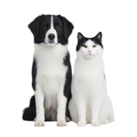 Black and white dog sits next to black and white cat, both looking directly at camera with calm expressions. background is plain, highlighting animals png