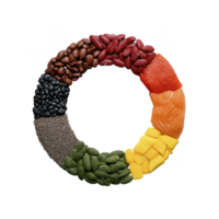 Colorful circle of various foods including beans, seeds, salmon, and mango, arranged in rainbow pattern, symbolizing health and nutrition png