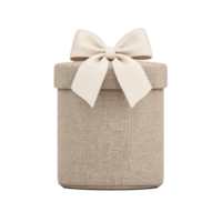 Beige cylindrical gift box with textured fabric surface is adorned with large, elegant bow on top, creating sophisticated and festive appearance png