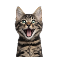 Joyful tabby cat with green eyes and open mouth, expressing excitement. cat fur features distinct black and brown stripes, and its ears are perked up, adding to its lively appearance png