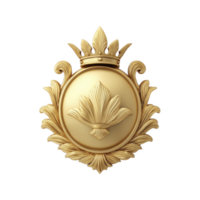 Golden emblem featuring crowned floral design with intricate leaf patterns, symbolizing elegance and royalty. ornate details and luxurious appearance convey sense of prestige and sophistication png