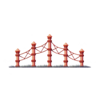 Decorative red fence with pointed posts and crisscrossed ropes stands on grassy base, creating charming and rustic appearance. design is both functional and aesthetically pleasing png