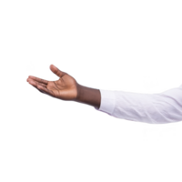 Hand extended in gesture of offering or receiving, wearing white shirt against plain background. image conveys sense of openness and invitation png