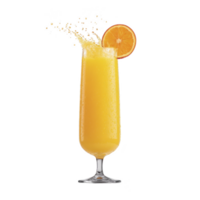 Refreshing glass of orange juice splashes with slice of orange on rim, showcasing vibrant citrus colors and effervescence. Perfect for fresh start to day png