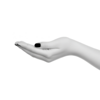 Monochrome image of open hand with black nail polish on transparency background, symbolizing offering or receiving. minimalist style emphasizes simplicity and elegance png