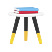 Small round table with white top and black legs featuring yellow tips, holding two stacked books, one blue and one red, creating modern and colorful decor piece png
