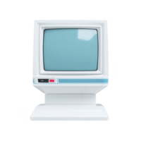 Vintage computer monitor with retro design, featuring blue screen and white casing, evokes nostalgia for early technology. classic style and simple interface highlight its historical significance png