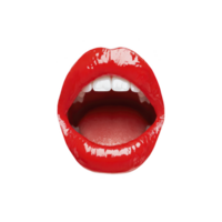 Close up of glossy red lips with white teeth visible, set against transparent background. vibrant red color and shine create bold and striking visual png