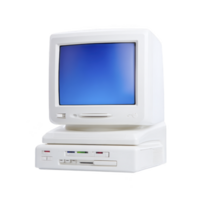 Vintage white computer with blue screen, featuring classic design and floppy disk drive, evokes nostalgia. This retro technology piece is iconic of early personal computing png
