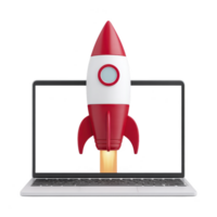 Red and white rocket launching from laptop screen symbolizes innovation and technology. image conveys sense of progress and digital advancement, with focus on creativity png