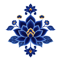 Vibrant blue lotus flower with intricate details and golden accents, symbolizing beauty and tranquility. symmetrical design features layered petals and decorative elements, creating harmonious png