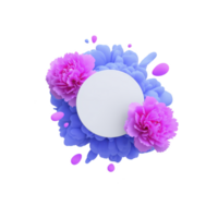 Vibrant circular design features white center surrounded by vivid pink and blue flowers, creating striking contrast. floral arrangement is enhanced by abstract splashes, adding dynamic touch png