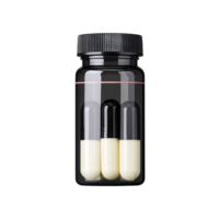 Black plastic bottle with screw cap contains three yellow capsules, isolated on transparency background. bottle is transparent, revealing contents inside png