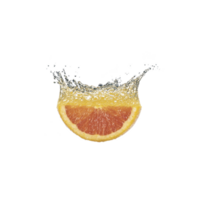 Vibrant slice of orange splashes into water, creating dynamic and refreshing scene against transparency background. citrus fruit bright color contrasts with clear liquid, emphasizing freshness png