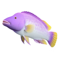 Vibrant, digitally rendered fish with purple body and yellow fins, showcasing intricate scales and realistic texture. fish appears to be swimming against transparency background, highlighting its png