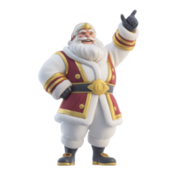 Jolly, animated Santa Claus character is depicted wearing red and white suit with gold accents, pointing upwards with cheerful expression. His outfit includes wide belt and black boots png