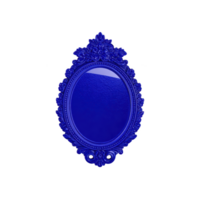 Ornate, vintage style blue oval mirror with intricate floral detailing on frame, reflecting textured surface. elegant design adds touch of classic charm png