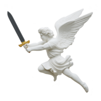 White angelic figure with wings and golden sword is depicted in dynamic pose, symbolizing strength and protection. figure is dressed in flowing robe, exuding sense of grace and power png