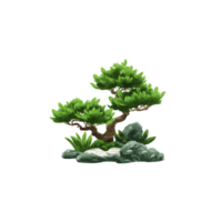 Small, lush bonsai tree with vibrant green leaves sits atop rocky base, surrounded by smaller plants, creating serene and natural scene png
