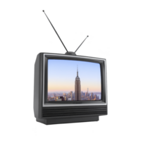 Vintage television with antennas displays image of city skyline featuring prominent skyscraper at sunset. nostalgic scene evokes sense of retro charm png