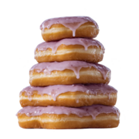 Stack of five glazed donuts with pink icing dripping down, creating tempting and sweet display. donuts are arranged in pyramid shape, showcasing their fluffy texture png