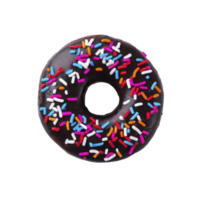 Chocolate glazed donut with colorful sprinkles on top, isolated on transparency background. vibrant sprinkles add playful touch to classic treat, making it visually appealing png