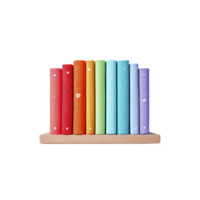 Colorful rolled fabrics in rainbow hues are neatly arranged on wooden shelf, showcasing vibrant spectrum. Each roll displays different shade, creating visually appealing and organized display png