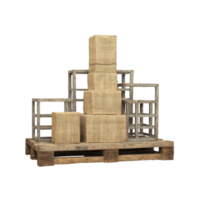 Stack of burlap wrapped boxes is arranged on wooden pallet, surrounded by empty wooden crates. rustic setup suggests warehouse or storage environment, evoking sense of industrial charm png