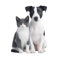 Cute black and white puppy sits closely beside gray and white cat, both looking directly at camera with curious expressions. background is plain, highlighting their adorable features png