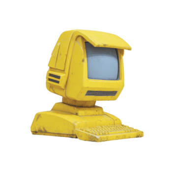 vintage amarelo computador com retro Projeto e resistido aparência evoca nostalgia. velho formado monitor e teclado estão reminiscente do cedo tecnologia png