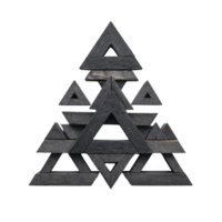 Geometric sculpture composed of interlocking black triangular shapes creates visually striking and modern design. layered triangles form symmetrical pattern, adding depth and dimension png