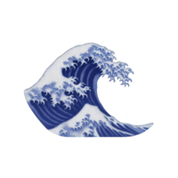 Stylized depiction of large, curling ocean wave with intricate details and dynamic form, reminiscent of traditional Japanese art. wave is composed of deep blues and whites, capturing sense png